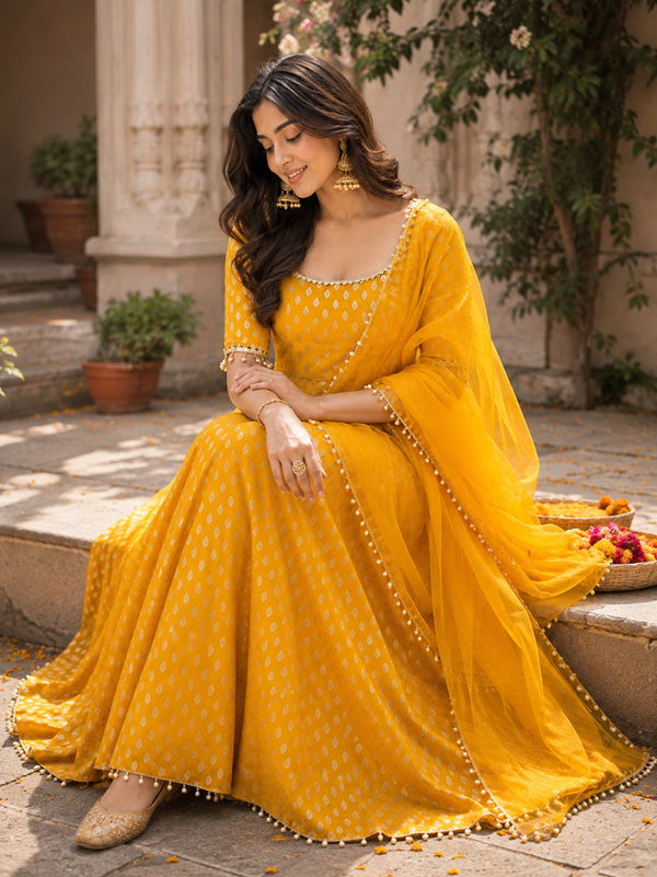 Women’s Mustard Yellow Satin Brocade Anarkali Suit Set with Organza Dupatta (KPDMUSTARDITALIA)
