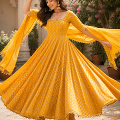 Women’s Mustard Yellow Satin Brocade Anarkali Suit Set with Organza Dupatta (KPDMUSTARDITALIA)