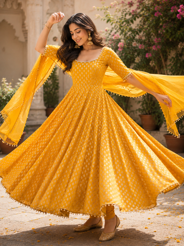Women’s Mustard Yellow Satin Brocade Anarkali Suit Set with Organza Dupatta (KPDMUSTARDITALIA)