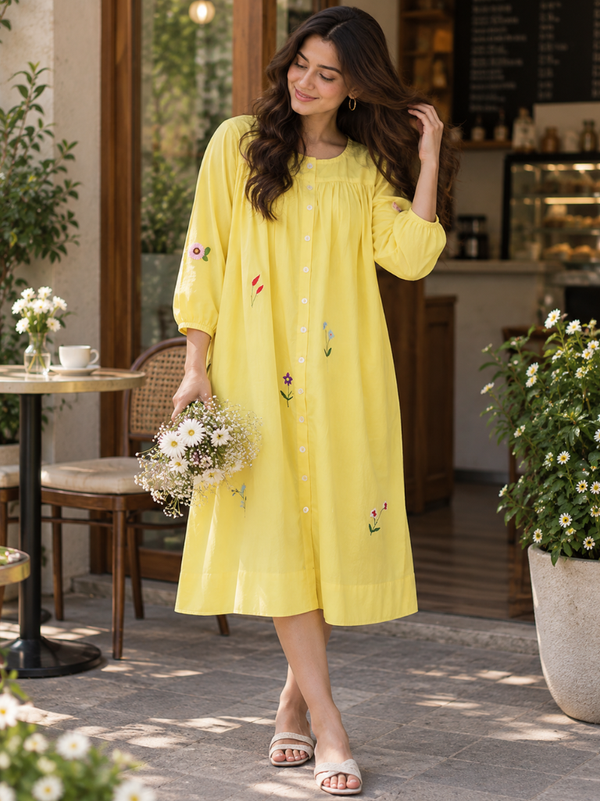 Sunshine Bloom Embroidered Rayon Dress