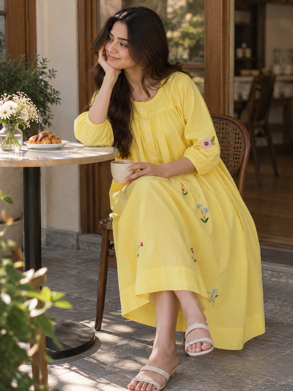 Sunshine Bloom Embroidered Rayon Dress