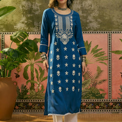 Stylum Women's Blue Solid & Embroidered Rayon Straight Kurta (BLUEBEBE)