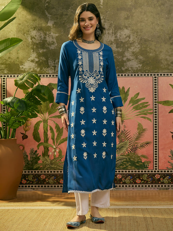 Stylum Women's Blue Solid & Embroidered Rayon Straight Kurta (BLUEBEBE)