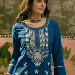 Stylum Women's Blue Solid & Embroidered Rayon Straight Kurta (BLUEBEBE)