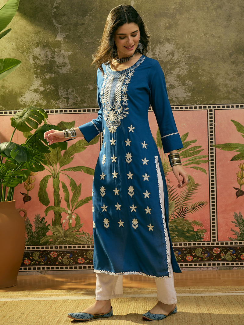 Stylum Women's Blue Solid & Embroidered Rayon Straight Kurta (BLUEBEBE)
