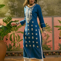 Stylum Women's Blue Solid & Embroidered Rayon Straight Kurta (BLUEBEBE)