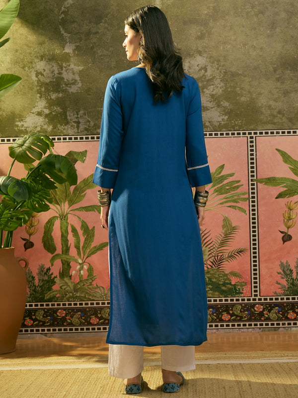 Stylum Women's Blue Solid & Embroidered Rayon Straight Kurta (BLUEBEBE)