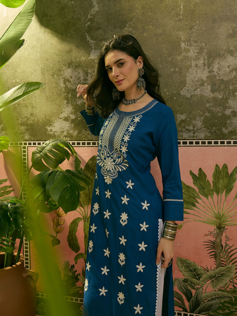 Stylum Women's Blue Solid & Embroidered Rayon Straight Kurta (BLUEBEBE)