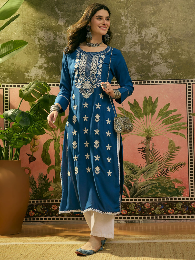 Stylum Women's Blue Solid & Embroidered Rayon Straight Kurta (BLUEBEBE)