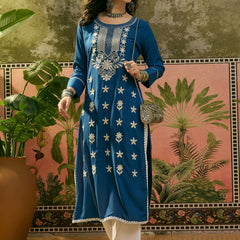 Stylum Women's Blue Solid & Embroidered Rayon Straight Kurta (BLUEBEBE)
