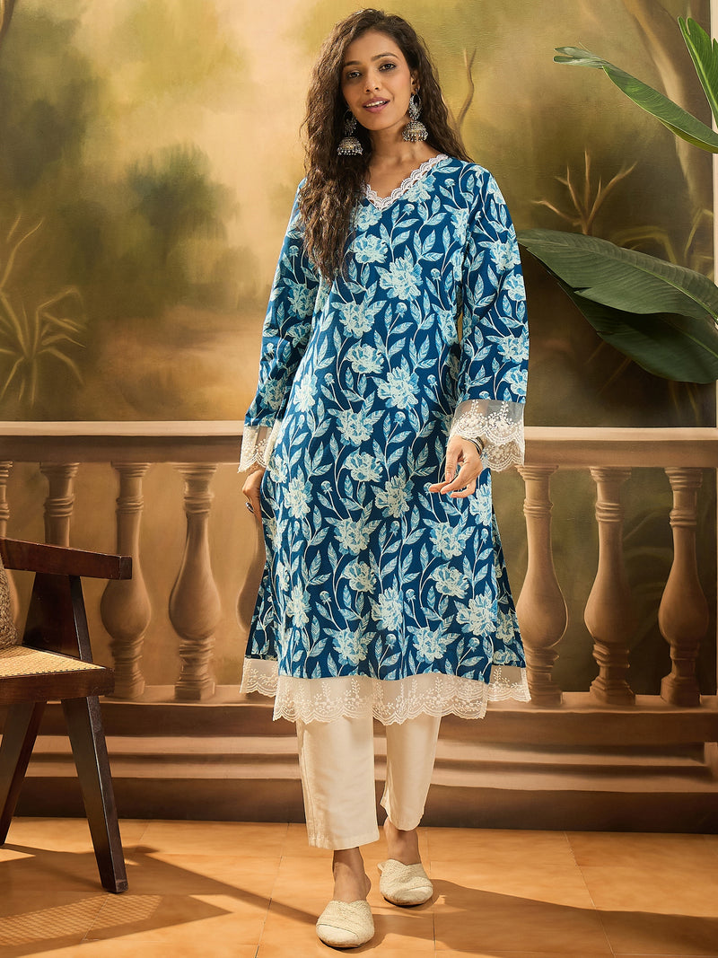 Stylum Women's Blue Floral Printed Cotton Straight Kurta (BLUEGALI)