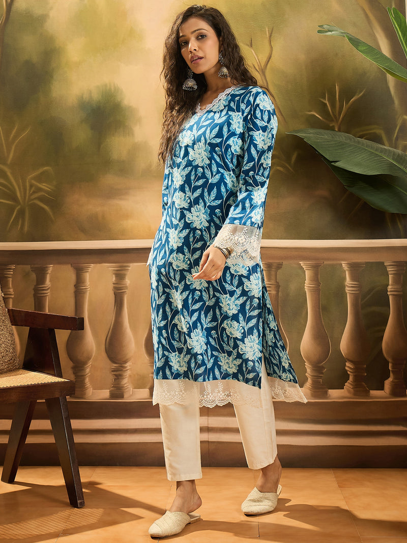 Stylum Women's Blue Floral Printed Cotton Straight Kurta (BLUEGALI)