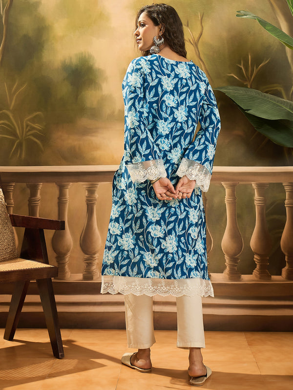 Stylum Women's Blue Floral Printed Cotton Straight Kurta (BLUEGALI)