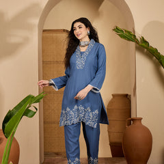 Stylum Women's Blue Solid & Embroidered Rayon Co-Ord Set (CSBLUEHAFSA)