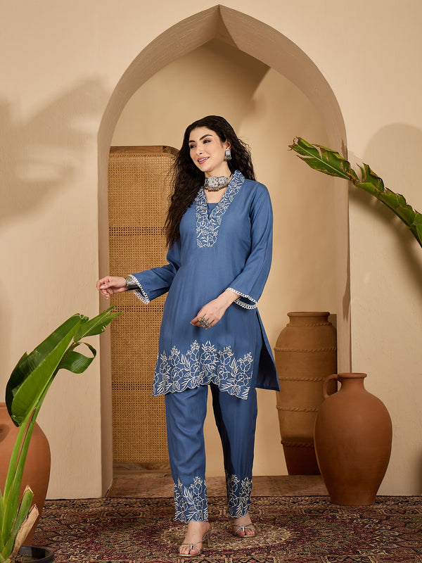 Stylum Women's Blue Solid & Embroidered Rayon Co-Ord Set (CSBLUEHAFSA)