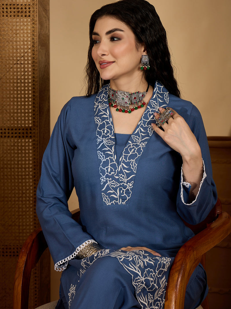 Stylum Women's Blue Solid & Embroidered Rayon Co-Ord Set (CSBLUEHAFSA)