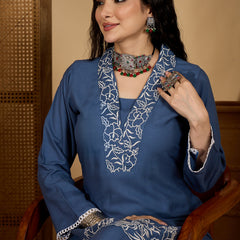 Stylum Women's Blue Solid & Embroidered Rayon Co-Ord Set (CSBLUEHAFSA)