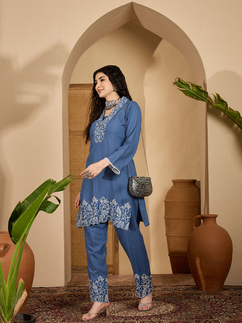 Stylum Women's Blue Solid & Embroidered Rayon Co-Ord Set (CSBLUEHAFSA)