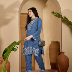 Stylum Women's Blue Solid & Embroidered Rayon Co-Ord Set (CSBLUEHAFSA)