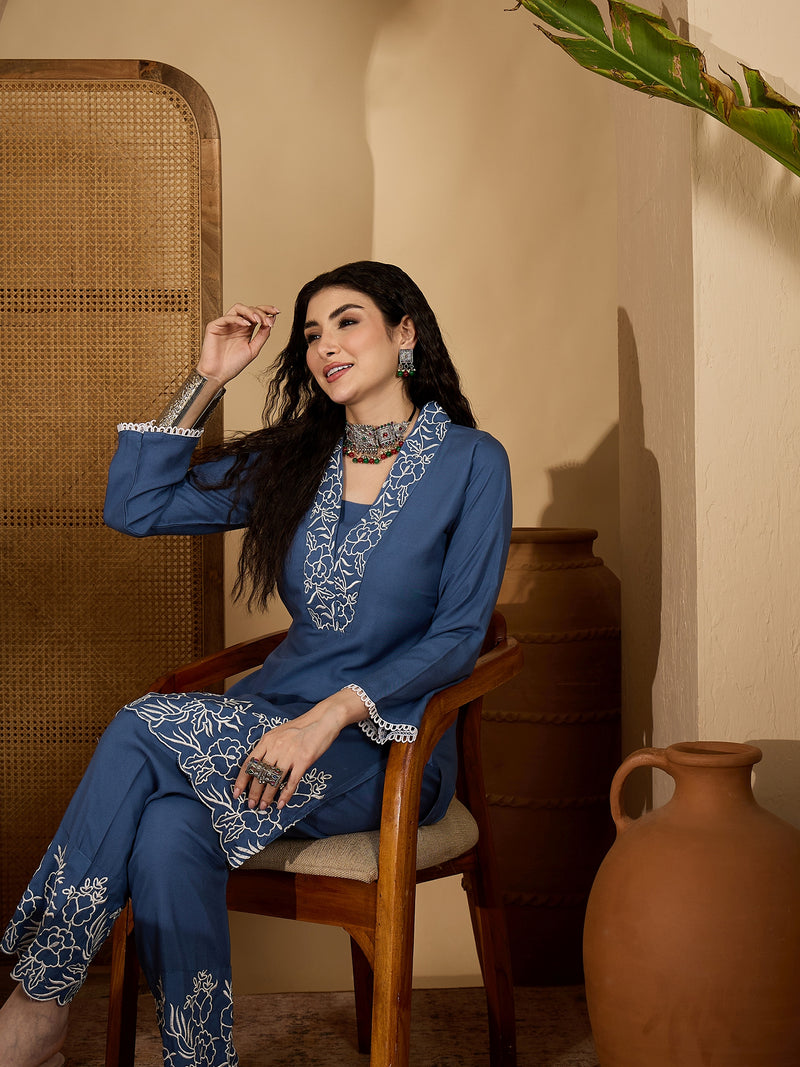 Stylum Women's Blue Solid & Embroidered Rayon Co-Ord Set (CSBLUEHAFSA)