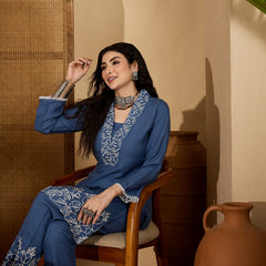Stylum Women's Blue Solid & Embroidered Rayon Co-Ord Set (CSBLUEHAFSA)