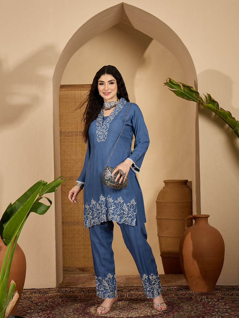 Stylum Women's Blue Solid & Embroidered Rayon Co-Ord Set (CSBLUEHAFSA)