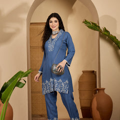 Stylum Women's Blue Solid & Embroidered Rayon Co-Ord Set (CSBLUEHAFSA)