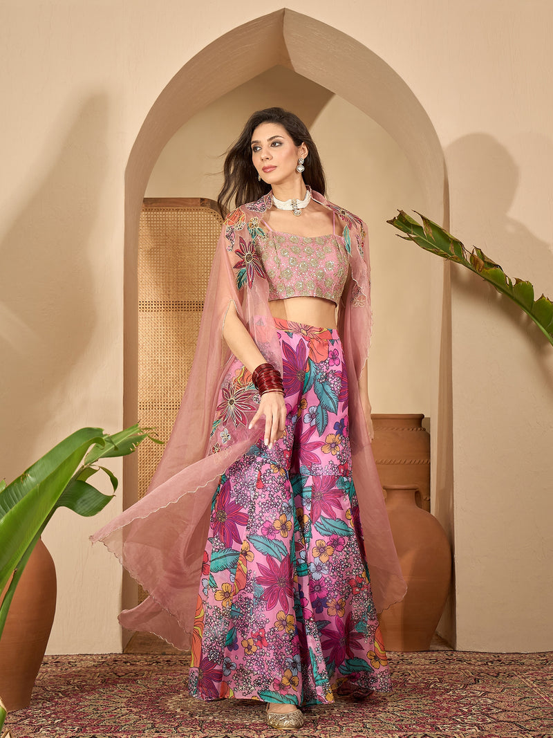 Stylum Women's Blush Floral Printed & Embroidered Georgette Co-Ord Set (CSBLUSHGARGI)