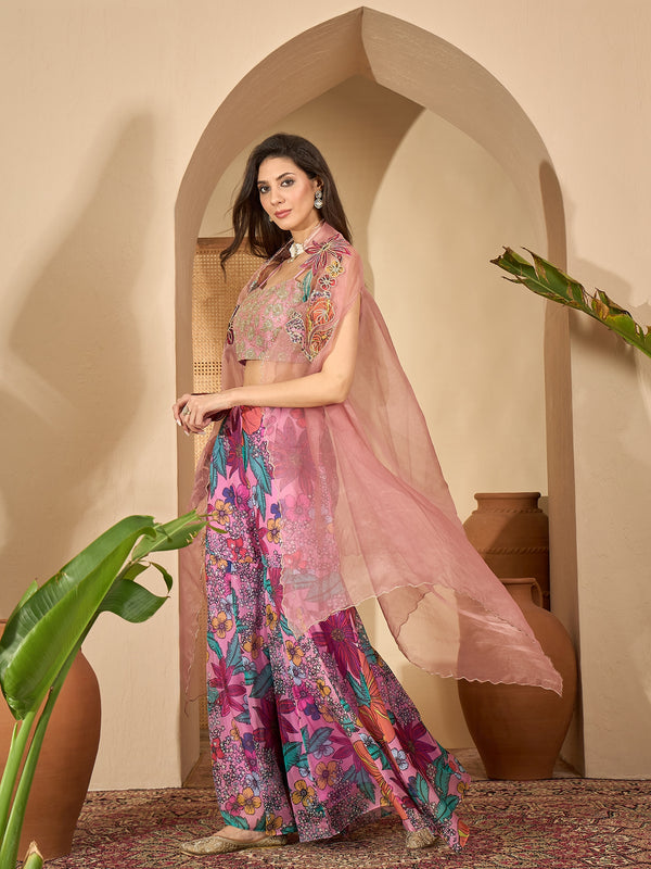 Stylum Women's Blush Floral Printed & Embroidered Georgette Co-Ord Set (CSBLUSHGARGI)