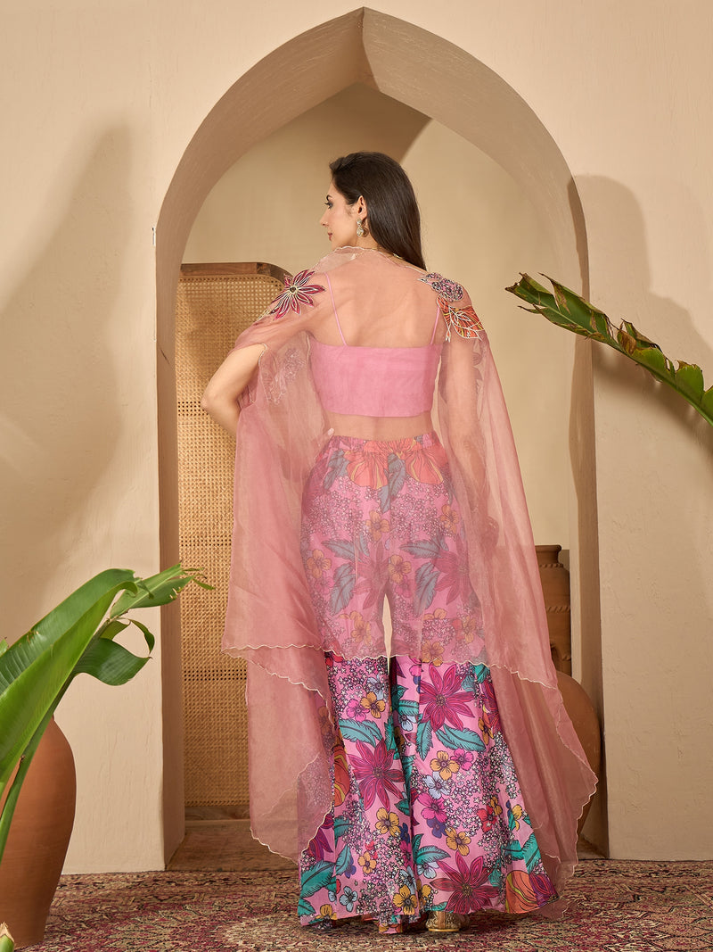 Stylum Women's Blush Floral Printed & Embroidered Georgette Co-Ord Set (CSBLUSHGARGI)