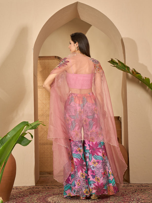 Stylum Women's Blush Floral Printed & Embroidered Georgette Co-Ord Set (CSBLUSHGARGI)