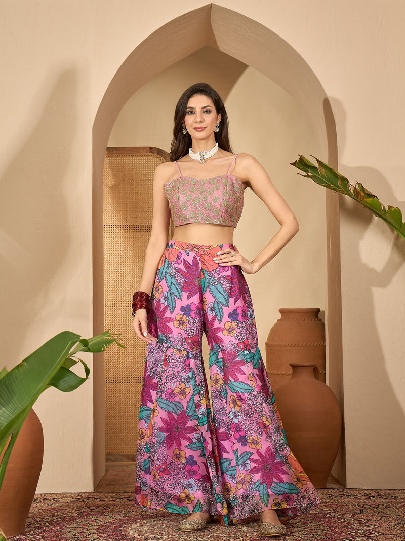 Stylum Women's Blush Floral Printed & Embroidered Georgette Co-Ord Set (CSBLUSHGARGI)