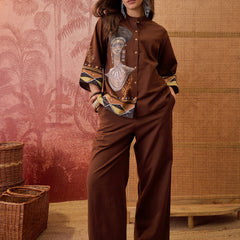 Stylum Women's Brown Hand Painted Cotton Flex High Low Co-Ord Set (CSBROWNART)