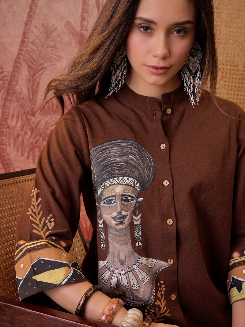 Stylum Women's Brown Hand Painted Cotton Flex High Low Co-Ord Set (CSBROWNART)