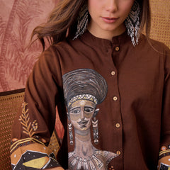 Stylum Women's Brown Hand Painted Cotton Flex High Low Co-Ord Set (CSBROWNART)