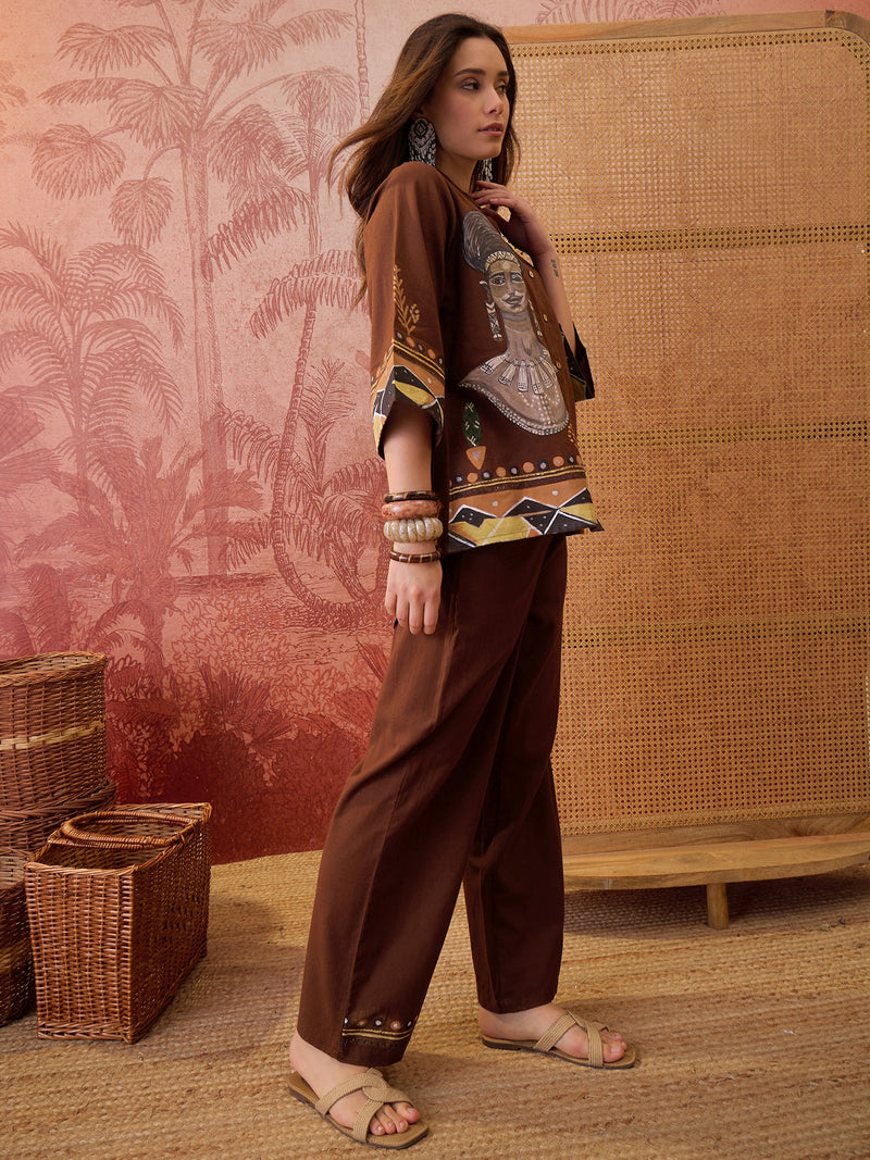 Stylum Women's Brown Hand Painted Cotton Flex High Low Co-Ord Set (CSBROWNART)