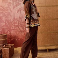 Stylum Women's Brown Hand Painted Cotton Flex High Low Co-Ord Set (CSBROWNART)
