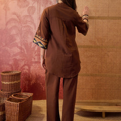 Stylum Women's Brown Hand Painted Cotton Flex High Low Co-Ord Set (CSBROWNART)