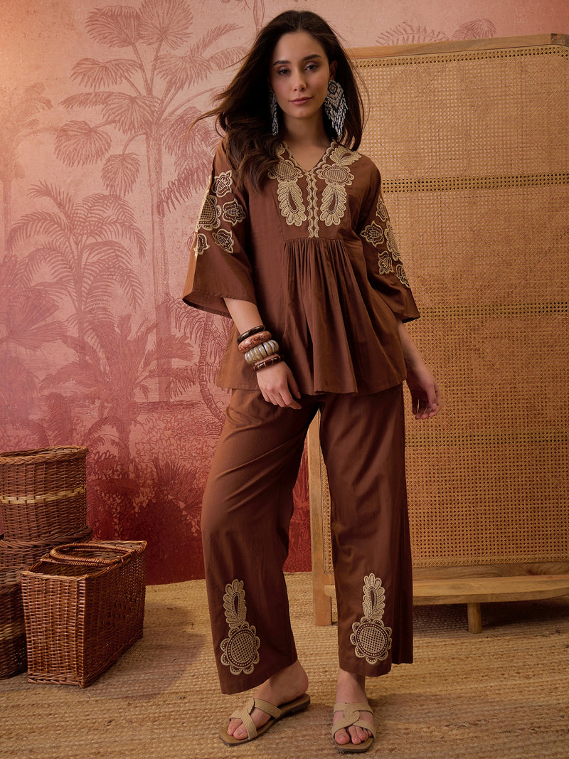 Stylum Women's Brown Solid & Embroidered Cotton Co-Ord Set (CSBROWNROCKY)