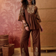 Stylum Women's Brown Solid & Embroidered Cotton Co-Ord Set (CSBROWNROCKY)