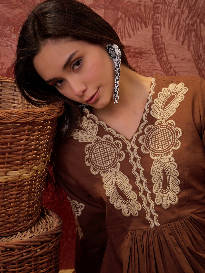 Stylum Women's Brown Solid & Embroidered Cotton Co-Ord Set (CSBROWNROCKY)