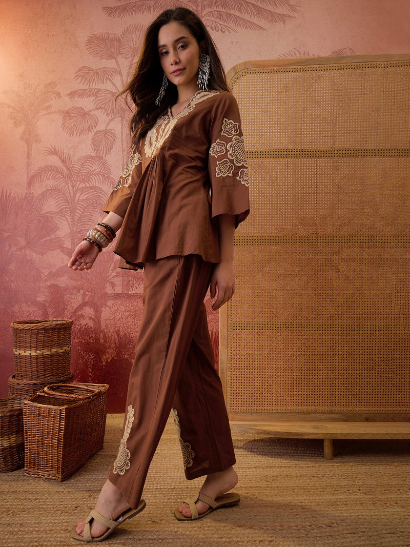Stylum Women's Brown Solid & Embroidered Cotton Co-Ord Set (CSBROWNROCKY)