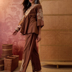 Stylum Women's Brown Solid & Embroidered Cotton Co-Ord Set (CSBROWNROCKY)