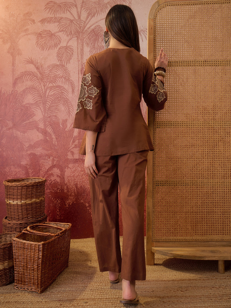 Stylum Women's Brown Solid & Embroidered Cotton Co-Ord Set (CSBROWNROCKY)