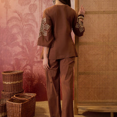 Stylum Women's Brown Solid & Embroidered Cotton Co-Ord Set (CSBROWNROCKY)