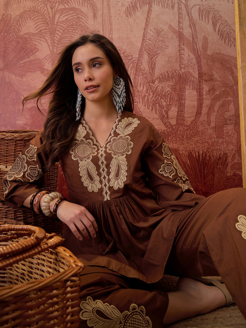 Stylum Women's Brown Solid & Embroidered Cotton Co-Ord Set (CSBROWNROCKY)