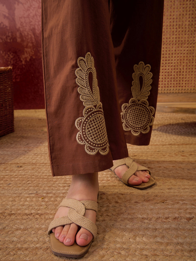 Stylum Women's Brown Solid & Embroidered Cotton Co-Ord Set (CSBROWNROCKY)
