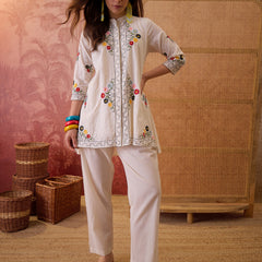Stylum Women's Cream Solid & Embroidered Cotton Dobby Co-Ord Set (CSCREAMDORA)