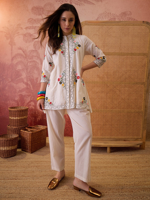Stylum Women's Cream Solid & Embroidered Cotton Dobby Co-Ord Set (CSCREAMDORA)