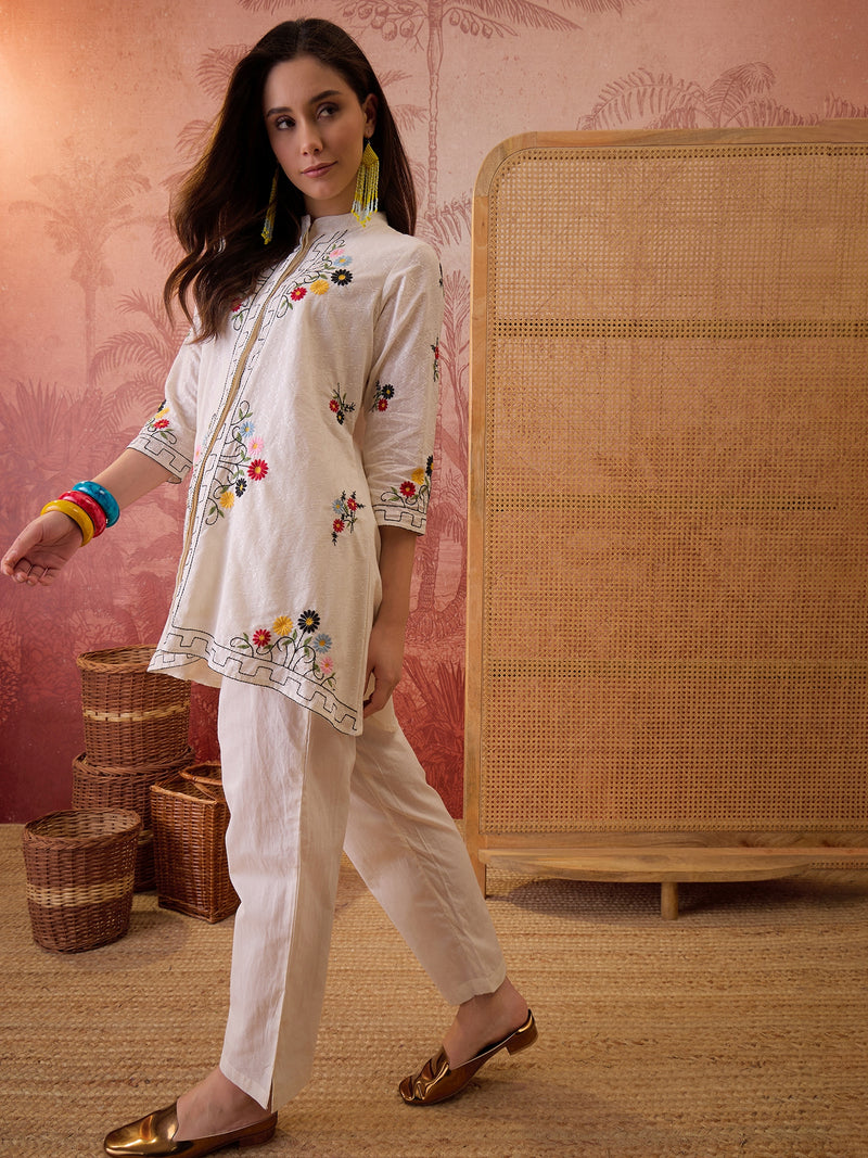 Stylum Women's Cream Solid & Embroidered Cotton Dobby Co-Ord Set (CSCREAMDORA)